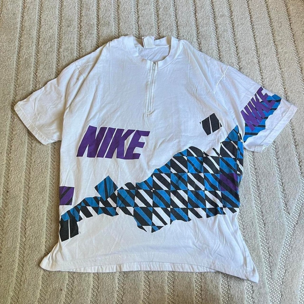 Rare VTG 90s Nike Cycling white purple half zip t-shirt Size L Athletic Sports